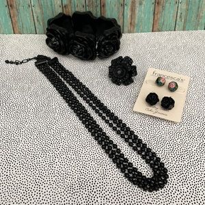 Black Flower Earring Set, Ring, Metal Bead Necklace,& Resin Flower Bracelet